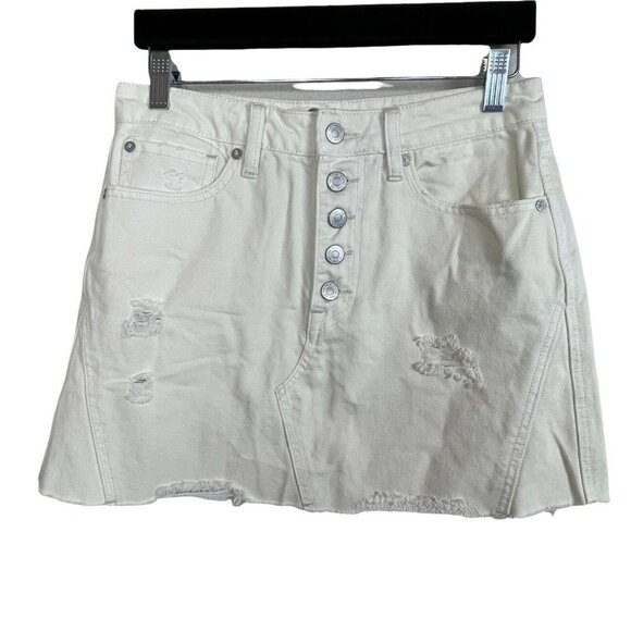 We the Free Size 28 Ivory Denim Skirt Free People Distress Raw Hem Button-Fly - Picture 1 of 6